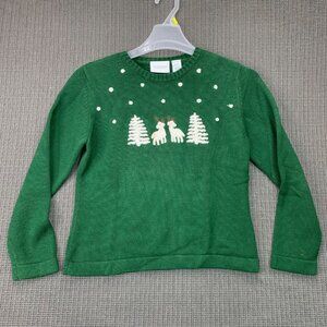 Liz Claiborne Lizsport Petite Green Reindeer Sweater - S - 100% Cotton